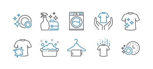 Set of Cleaning icons, such as Hand washing, Hold t-shirt, Clean dishes, Dirty t-shirt, Cleanser spray, Washing machine, Clean towel, Dishwasher timer line icons. Line hand washing icon. Vector