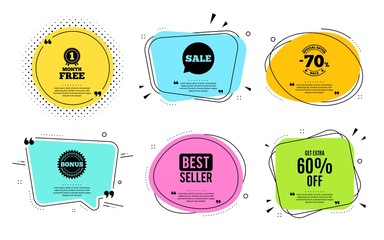 Get Extra 60% off Sale. Best seller, quote text. Discount offer price sign. Special offer symbol. Save 60 percentages. Quotation bubble. Banner badge, texting quote boxes. Extra discount text. Vector