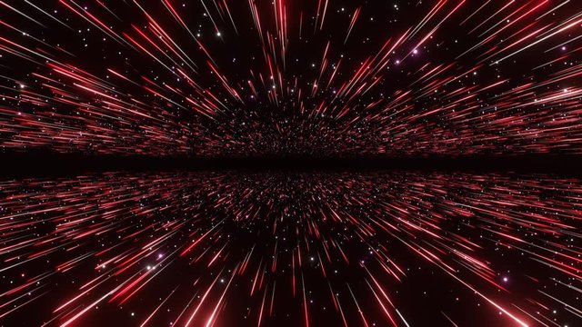 Abstract hyperspace background. Speed of light, neon glowing rays and stars in motion with space for logo or text. Red version. Moving through stars. 4k Seamless loop