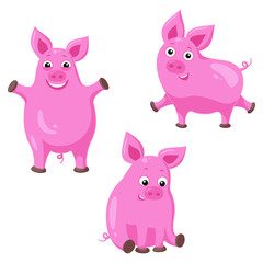 Three funny cartoon pigs. Vector illustration of cute cheerful pig