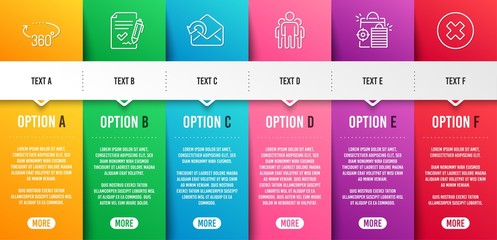 Seo shopping, Send mail and Group line icons set. Infographic timeline. Approved agreement, 360 degrees and Close button signs. Analytics, Sent message, Managers. Signature document. Vector