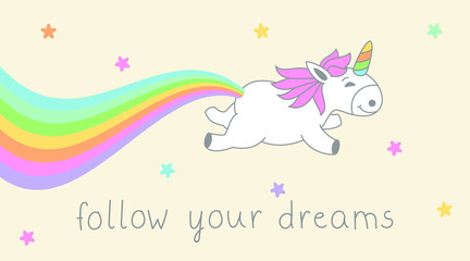 Flying unicorn with multicolored mane and horn. Magic cartoon fantasy cute animal with rainbow tale. Dream symbol and lettering