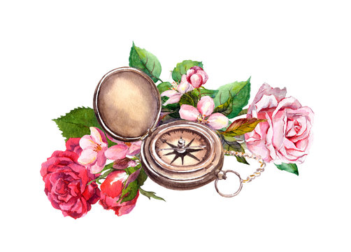 Vintage watercolor with compass, flowers. Travel concept