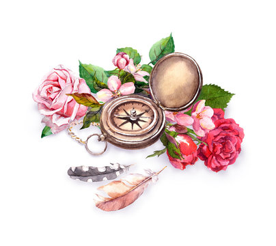 Vintage watercolor with compass, flowers, feathers. Travel adventure concept