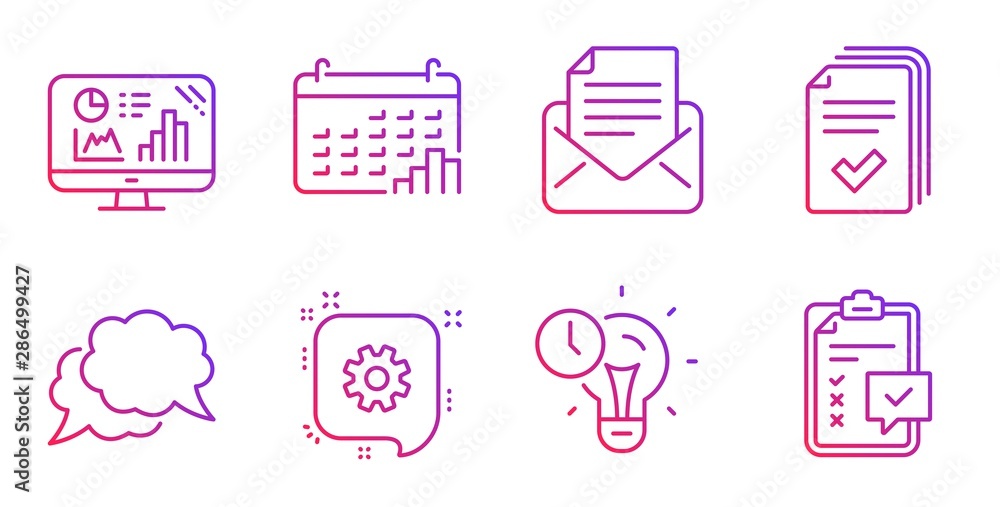 Poster chat message, cogwheel and mail correspondence line icons set. time management, handout and calendar