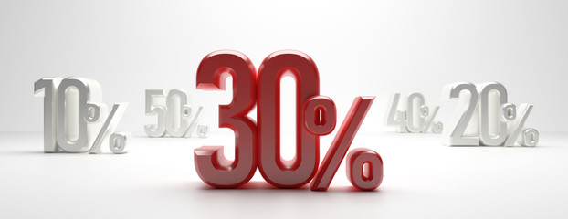 Sale 30%. 30 percent discount text on white background, banner. 3d illustration