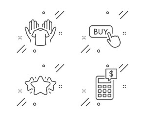 Buy button, Hold t-shirt and Star line icons set. Calculator sign. Online shopping, Laundry shirt, Favorite. Money management. Business set. Line buy button outline icon. Vector