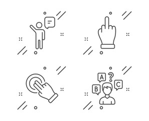 Middle finger, Agent and Touchscreen gesture line icons set. Quiz test sign. Gesture, Business person, Click hand. Interview. People set. Line middle finger outline icon. Vector