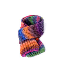 Winter multi-colored woolen scarf on white background.