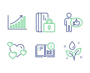 Like, Heart and Blocked card line icons set. Instruction info, Graph chart and Plants watering signs. Thumbs up, Love rating, Private money. Project. Business set. Line like outline icons. Vector