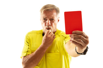 Referee showing a red card and gesturing to a football or soccer player while gaming isolated on...