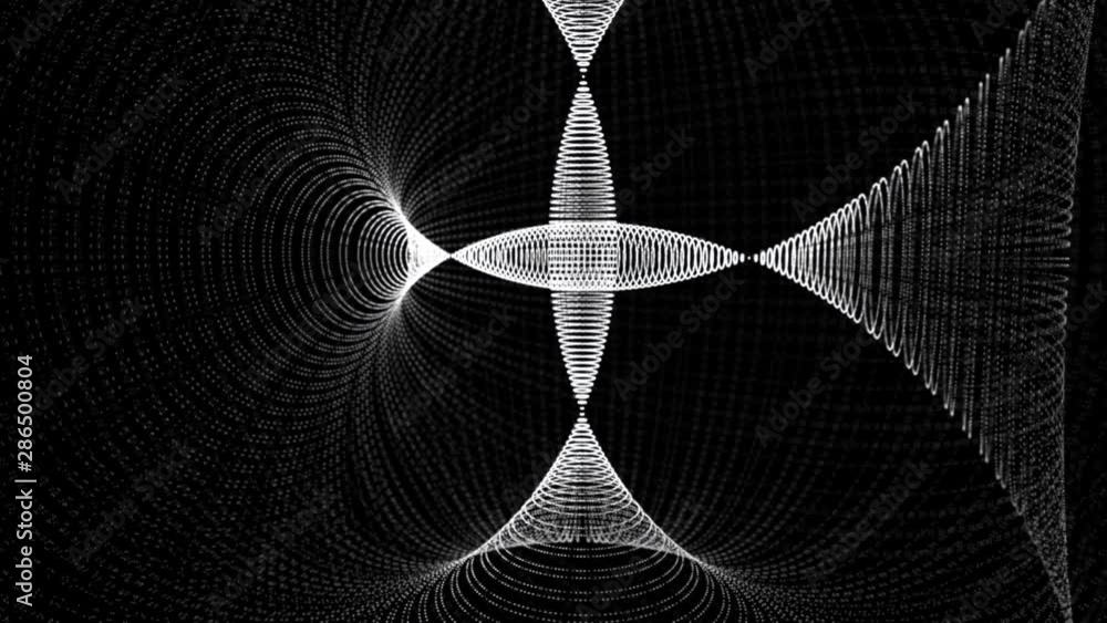 Poster abstract animation of white neon spirals crossing in different planes and creating several expanding