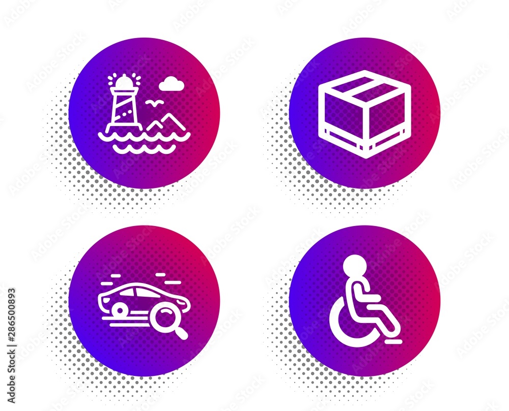 Poster search car, delivery box and lighthouse icons simple set. halftone dots button. disabled sign. find 