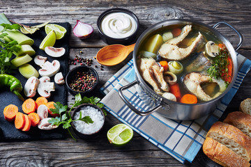 hot spicy Trout fish soup, top view