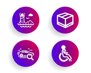 Search car, Delivery box and Lighthouse icons simple set. Halftone dots button. Disabled sign. Find transport, Cargo package, Navigation beacon. Handicapped wheelchair. Transportation set. Vector