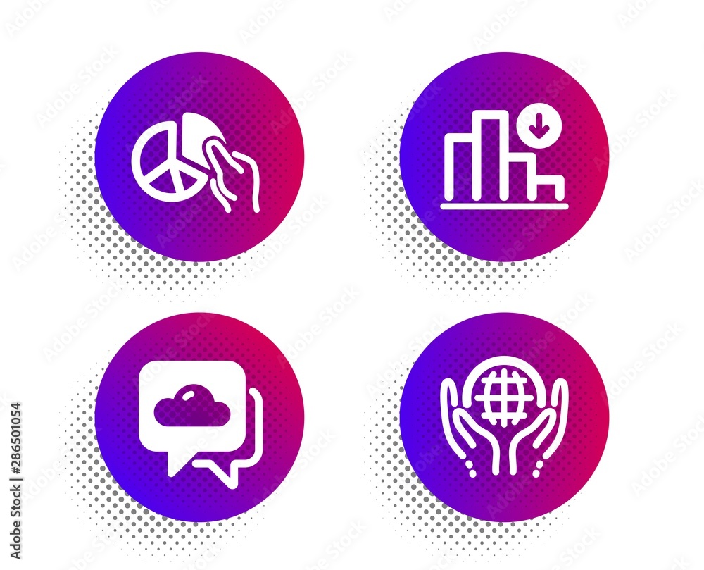 Poster pie chart, decreasing graph and weather forecast icons simple set. halftone dots button. organic tes