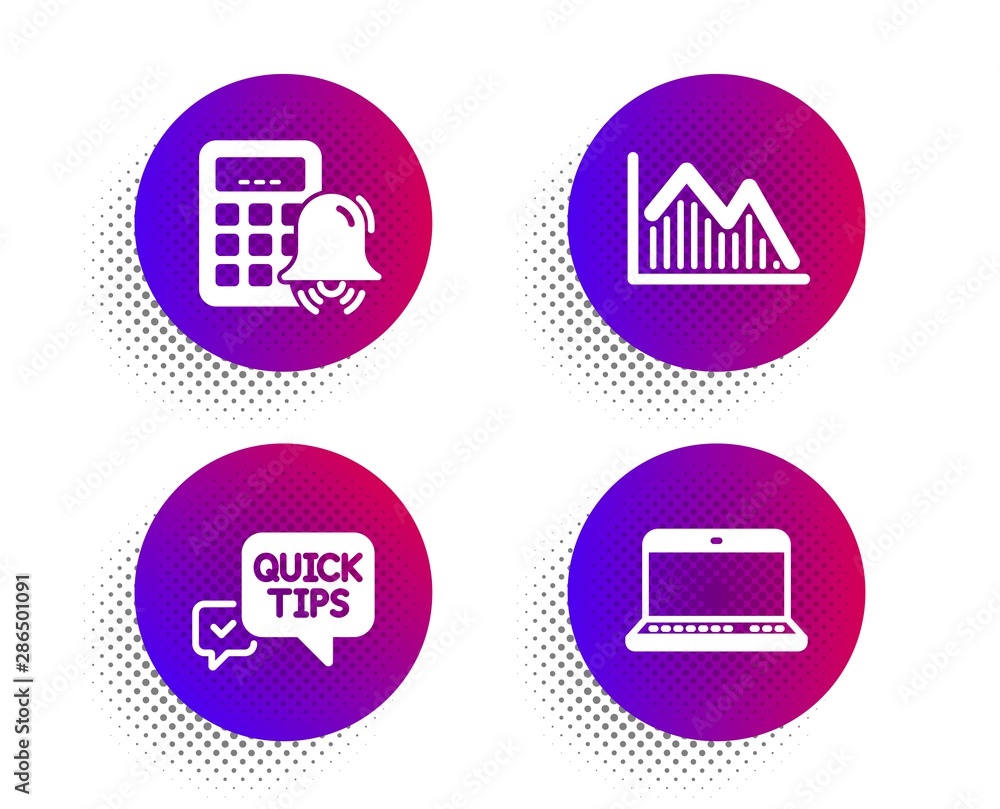 Poster investment graph, quick tips and calculator alarm icons simple set. halftone dots button. notebook s