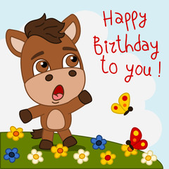 Fototapeta premium Funny horse singing song Happy birthday to you - greeting card