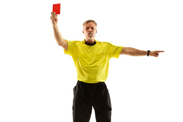 Referee showing a red card and gesturing to a football or soccer player while gaming isolated on...