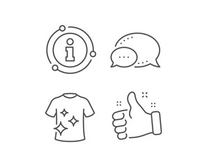 Clean t-shirt line icon. Chat bubble, info sign elements. Laundry shirt sign. Clothing cleaner symbol. Linear clean t-shirt outline icon. Information bubble. Vector