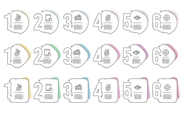 Star target, Tablet pc and Car leasing line icons set. Infographic timeline. Chemistry lab, Quiz test and Hypoallergenic tested signs. Winner award, Touchscreen gadget, Transport discount. Vector