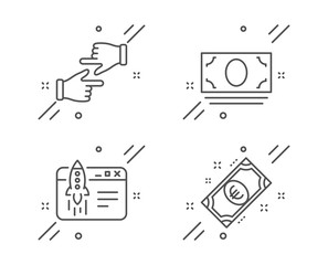 Click hands, Start business and Cash money line icons set. Euro money sign. Direction, Launch idea, Banking currency. Cash. Business set. Line click hands outline icon. Vector