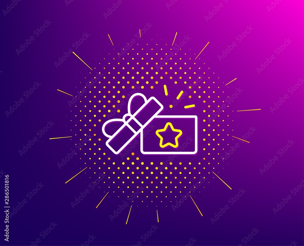 Poster loyalty gift box line icon. halftone pattern. bonus points. discount program symbol. gradient backgr