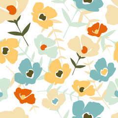 Cotton fabric Folk floral seamless pattern on white background. Modern abstract little flowers and leaves