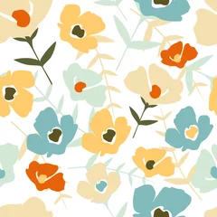 Fotobehang Folk floral seamless pattern on white background. Modern abstract little flowers and leaves © smth.design