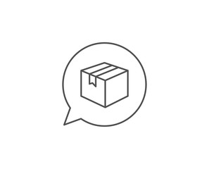 Shipping box line icon. Chat bubble design. Logistics delivery sign. Parcels tracking symbol. Outline concept. Thin line parcel icon. Vector