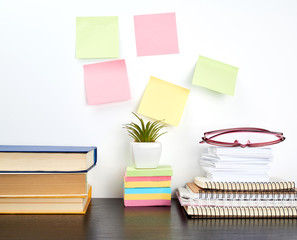 stack of spiral notebooks and colored stickers, next to a ceramic pot with a flower