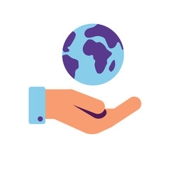 Colorful vector icon with a hand holding Earth for web.