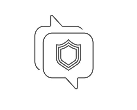Shield line icon. Chat bubble design. Protection or Security sign. Defence or Guard symbol. Outline concept. Thin line security icon. Vector