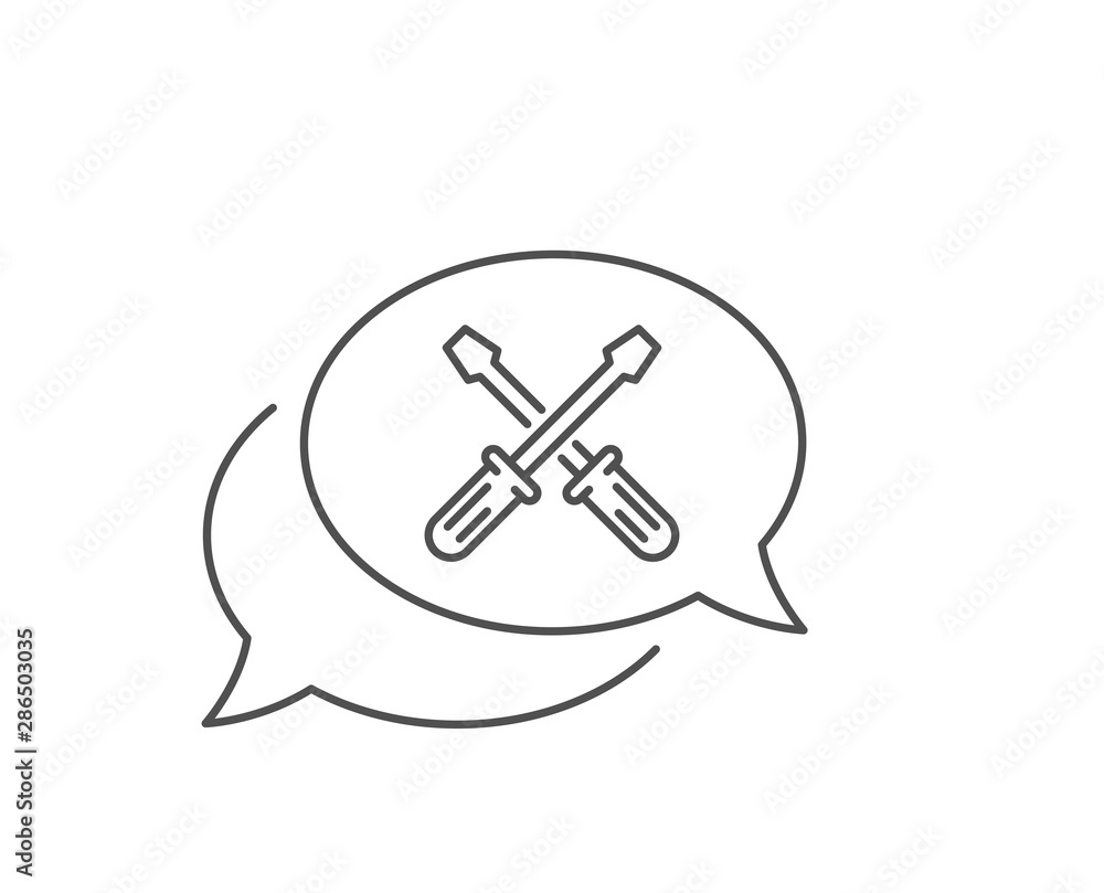 Poster screwdriver line icon. chat bubble design. repair service sign. fix instruments symbol. outline conc
