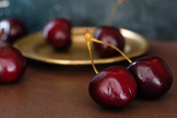 Juicy red sweet cherries close-up. Beautiful still life of ripe berries