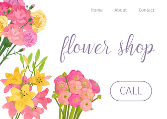 Spring flowers shop vector illustration. Design for florists store webpage with tender pink and yellow floral decoration. Bouquets isolated on white webpage.