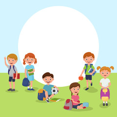 Obraz na płótnie Canvas School or kindergarten outdoor on playground with playing kids cartoon vector illustration with isolated objects. Children with books, balls and backpack for back to school poster.