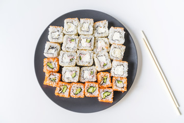 Sushi plate with chopsticks topview