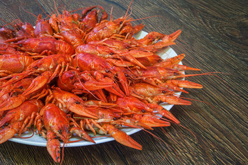 Still life with crayfish crawfish on old wooden background