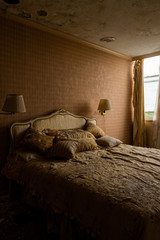 Derelict Plush Bed in Hotel Room - Abandoned Nevele Grande Resort - Catskill Mountains, New York