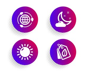 Night weather, Sunny weather and Eco energy icons simple set. Halftone dots button. Bio tags sign. Sleep, Sun, Ecology. Leaf. Nature set. Classic flat night weather icon. Vector