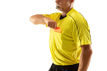 Referee showing a red card and gesturing to a football or soccer player while gaming isolated on...