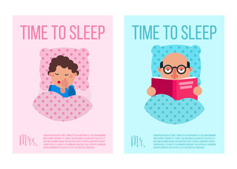 Time to sleep banners with man and woman in bed on pillows vector illustration. Woman with insomnia problems and man reading in bed. Rules and useful tips for a good night and healthy sleep.
