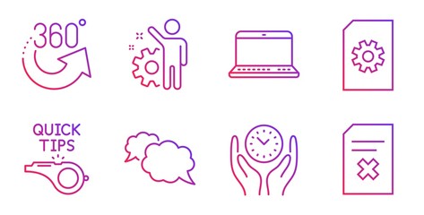 Employee, 360 degrees and File management line icons set. Tutorials, Notebook and Messenger signs. Safe time, Delete file symbols. Cogwheel, Full rotation. Technology set. Vector
