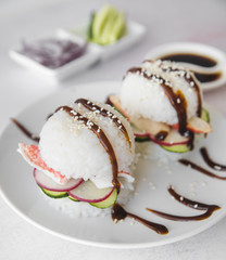Rice balls with seafood and vegetables