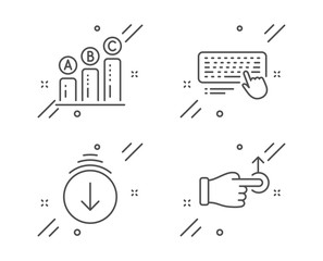 Graph chart, Computer keyboard and Scroll down line icons set. Drag drop sign. Growth report, Pc device, Swipe screen. Move. Technology set. Line graph chart outline icon. Vector
