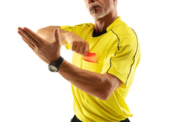Referee showing a red card and gesturing to a football or soccer player while gaming isolated on...