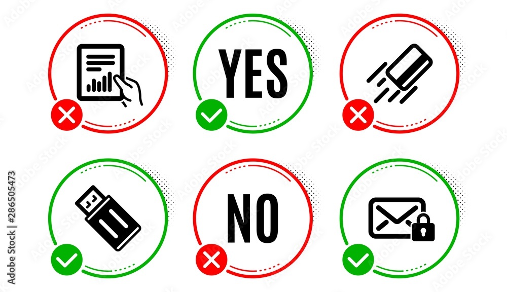 Poster document, credit card and usb flash icons simple set. yes no check box. secure mail sign. file with 