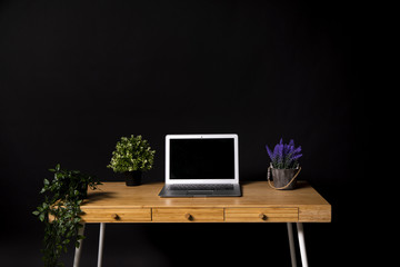 Simple wooden desk with gray laptop