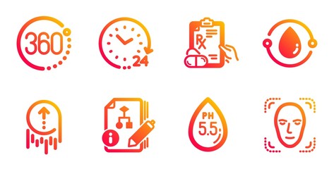 Prescription drugs, 24 hours and 360 degrees line icons set. Swipe up, Ph neutral and Algorithm signs. Cold-pressed oil, Face detection symbols. Pills, Time. Science set. Vector